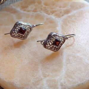 Stamped 925 Thailand Silver Red Stone Accent Drop Earrings